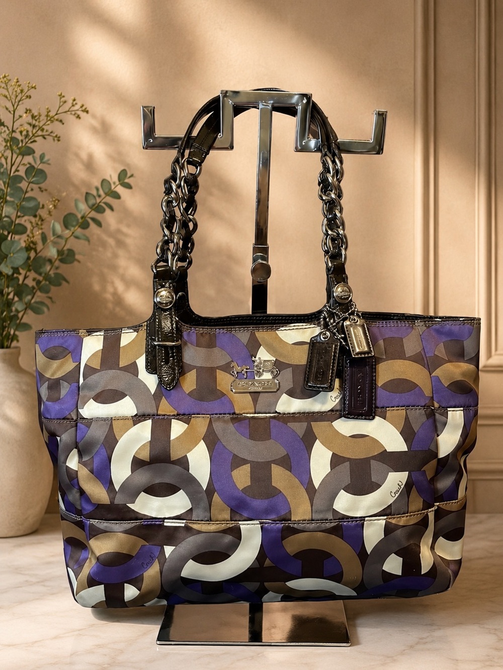 Coach Purple, Brown and Cream Geometric Tote with Chain Handles